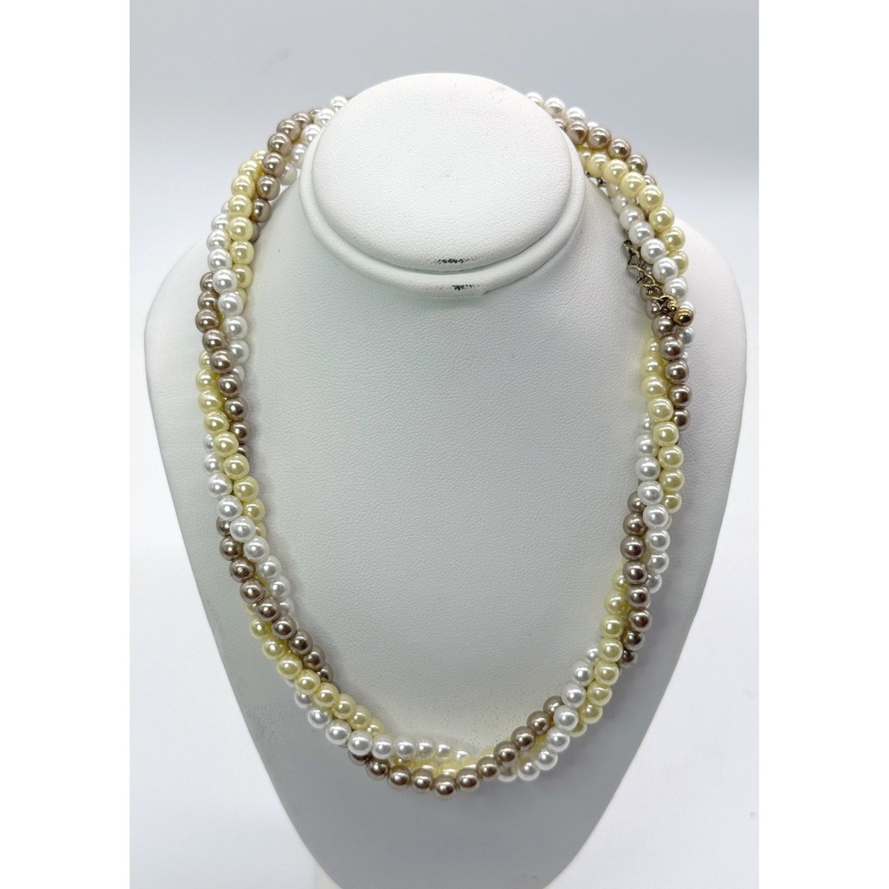 Vintage Avon Triple Strand Faux Pearl Necklace Ivory White Taupe Adjustable 80's